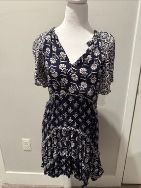 Anthropologie Navy and White Floral V-Neck Tiered Mini Dress